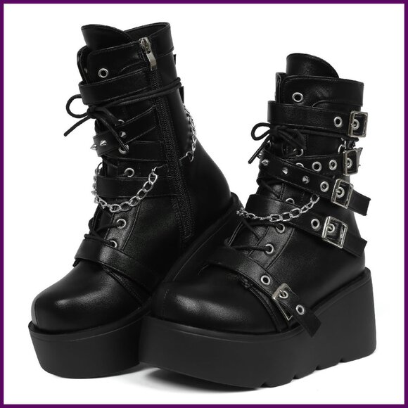 Shoes - Platform Combat Boots with Side Zip Wedge Heel Leather Motorcycle